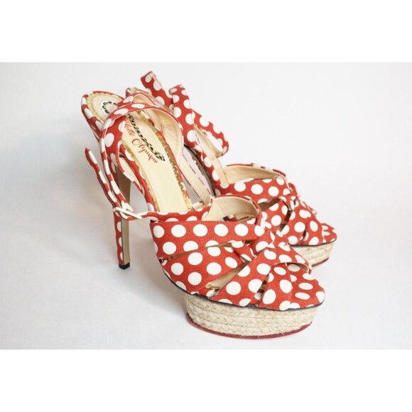 Charlotte Olympia Red & White Polka Dot Strappy Espadrille Platform Heels Sz 39